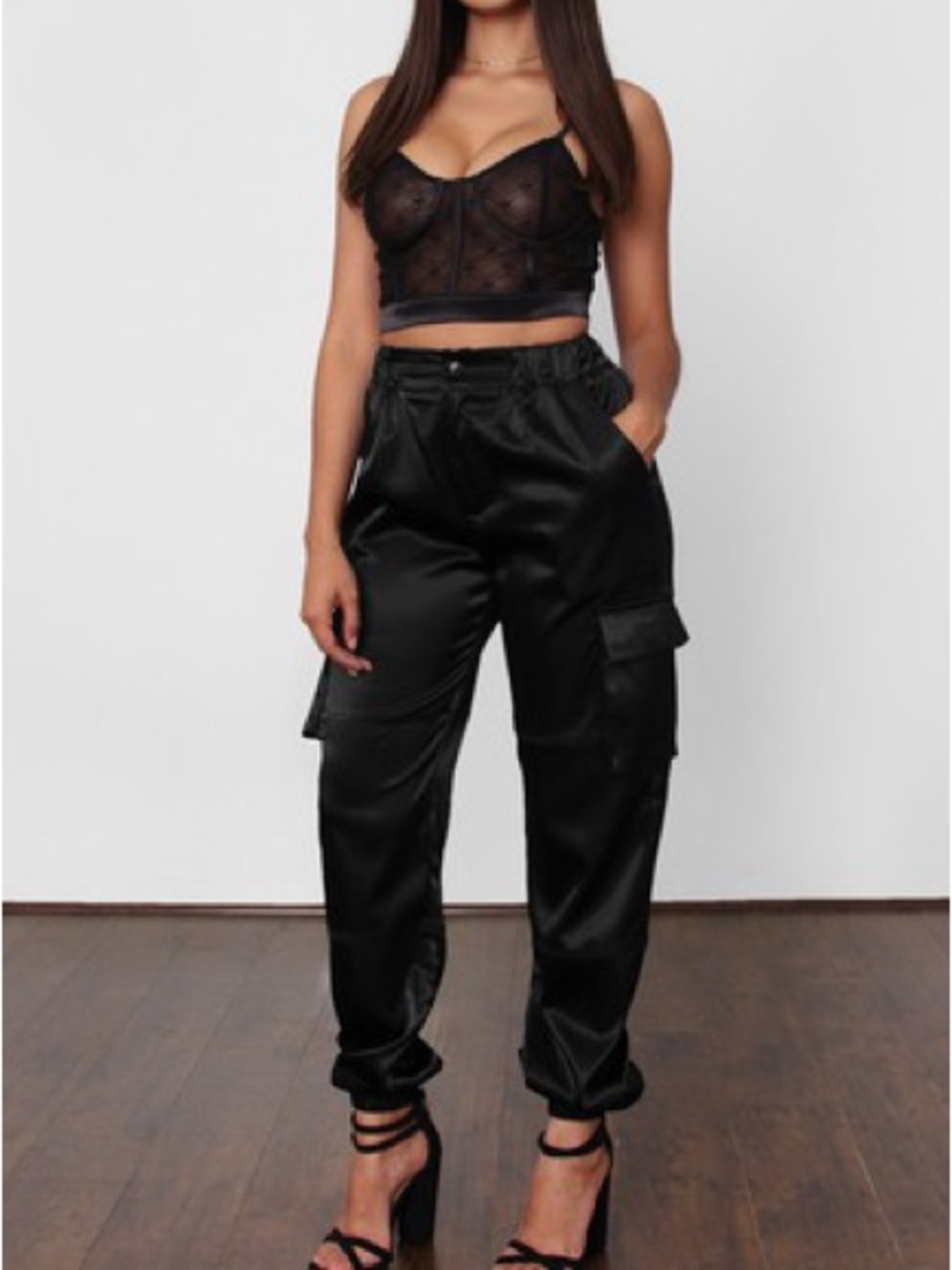 Satin Cargo Joggers - Black
